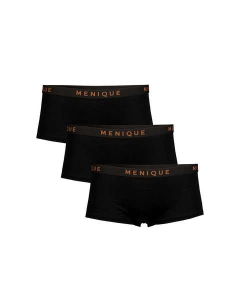 Three black men&#39;s underwear with &#39;Menique&#39; branding on a white background