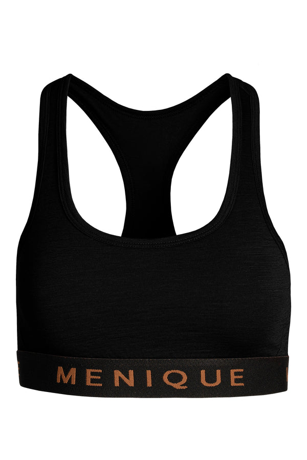 The menique women's sport bra in black color, front view, in a white background.