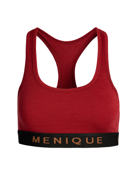 the menique women&#39;s sport bra royal cherry, white background.