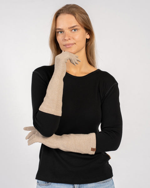 Elegant women’s knitted gloves creamy beige, merino wool and cashmere blend, long winter gloves
