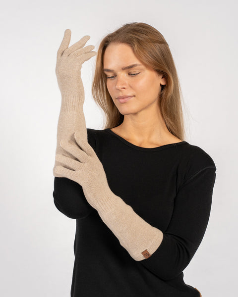 Knitted creamy beige gloves for women, merino wool with cashmere, stylish long winter gloves