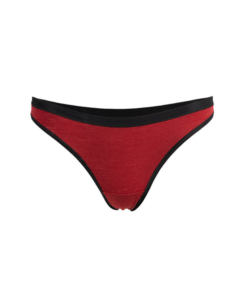 The Menique Women&#39;s Merino Thong Briefs in royal cherry color, front view.