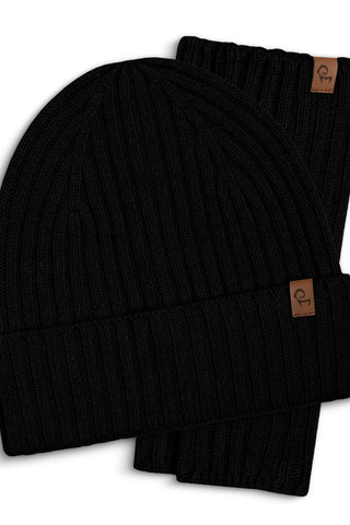 Women's Ribbed Beanie & Wrist Gloves Cashmere Set - One size / Black