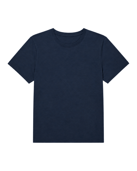 A plain navy blue women's short-sleeve t-shirt with a classic crew neckline, displayed flat against a solid white background.