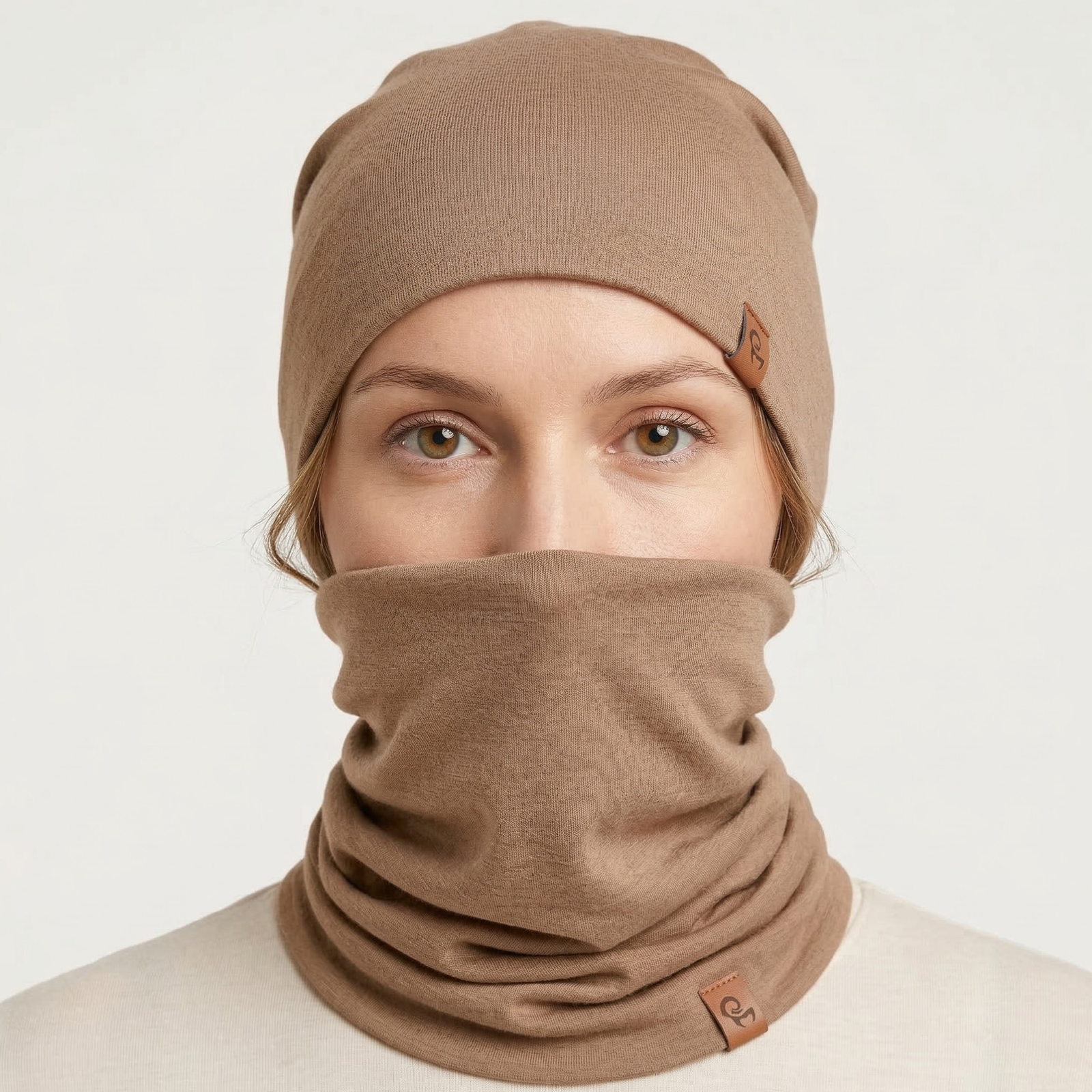 Beige merino wool beanie and neck gaiter set, soft breathable merino winter accessories for men and women.