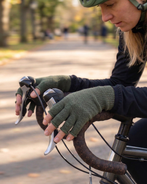 Woman cycling in park wearing green merino wool fingerless gloves gripping bicycle handlebars, breathable temperature-regulating cycling gloves designed for comfort and dexterity.
