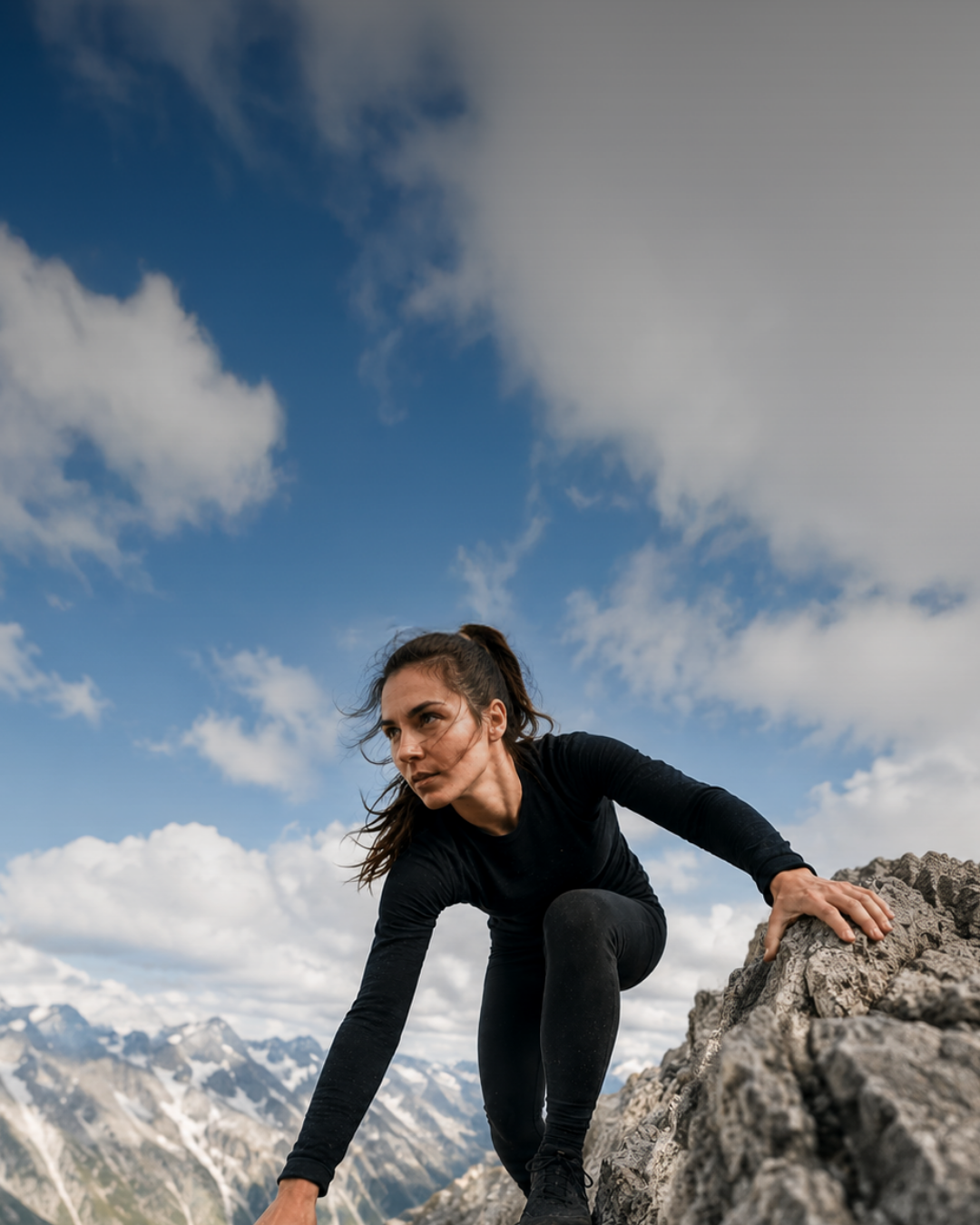 A low-angle shot of a woman wearing a black long-sleeve top and black leggings scrambling up a rugged, rocky mountain surface against a backdrop of distant peaks and a cloudy sky.