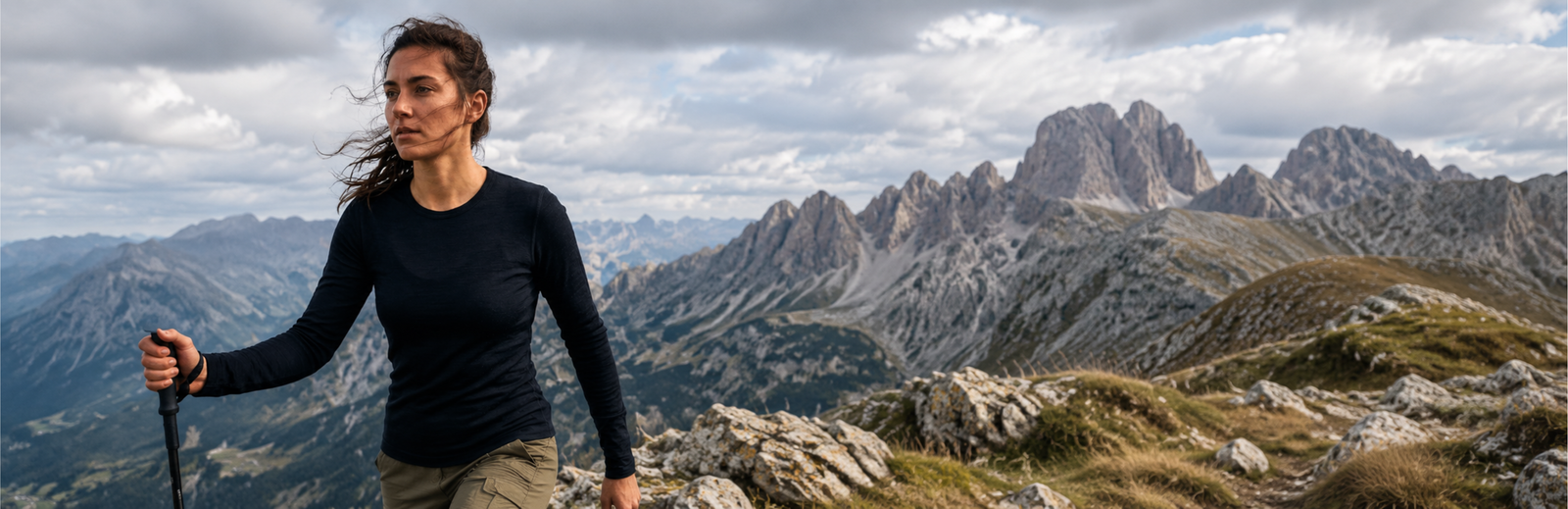 A woman in a black long-sleeve top and olive green pants hiking with a trekking pole along a rocky mountain ridge, with dramatic, jagged mountain peaks and a cloudy sky in the background.