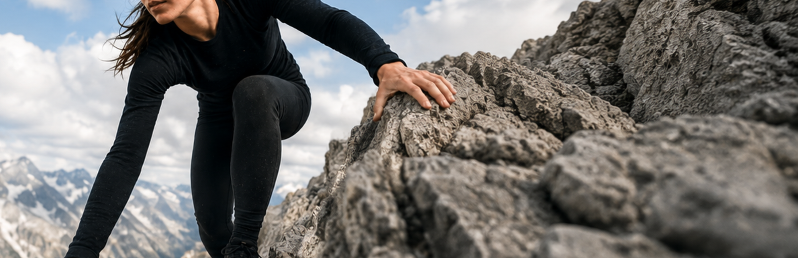 A low-angle shot of a woman wearing a black long-sleeve top and black leggings scrambling up a rugged, rocky mountain surface against a backdrop of distant peaks and a cloudy sky.