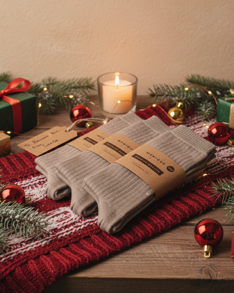 Three pairs of beige ribbed socks in kraft paper packaging laid on a red knitted cloth, surrounded by Christmas ornaments, pine branches, and wrapped gifts.