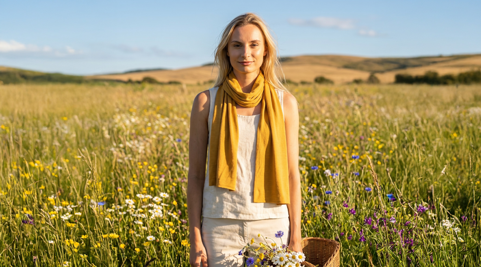 An outdoor portrait of a blonde woman standing in a sunlit field of wildflowers. She is looking directly at the camera, wearing a light cream sleeveless top and a mustard yellow scarf draped loosely around her neck, while holding a wicker basket filled with freshly picked flowers.