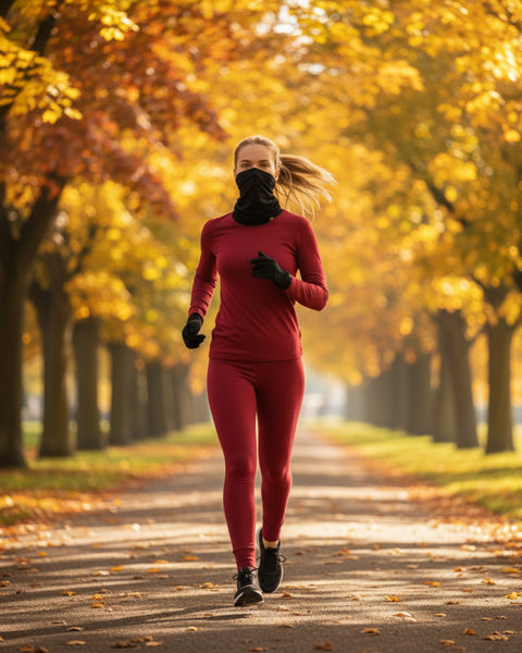 Runner in a black merino neck gaiter and red set jogging through an autumn park, yellow leaves lining the path.