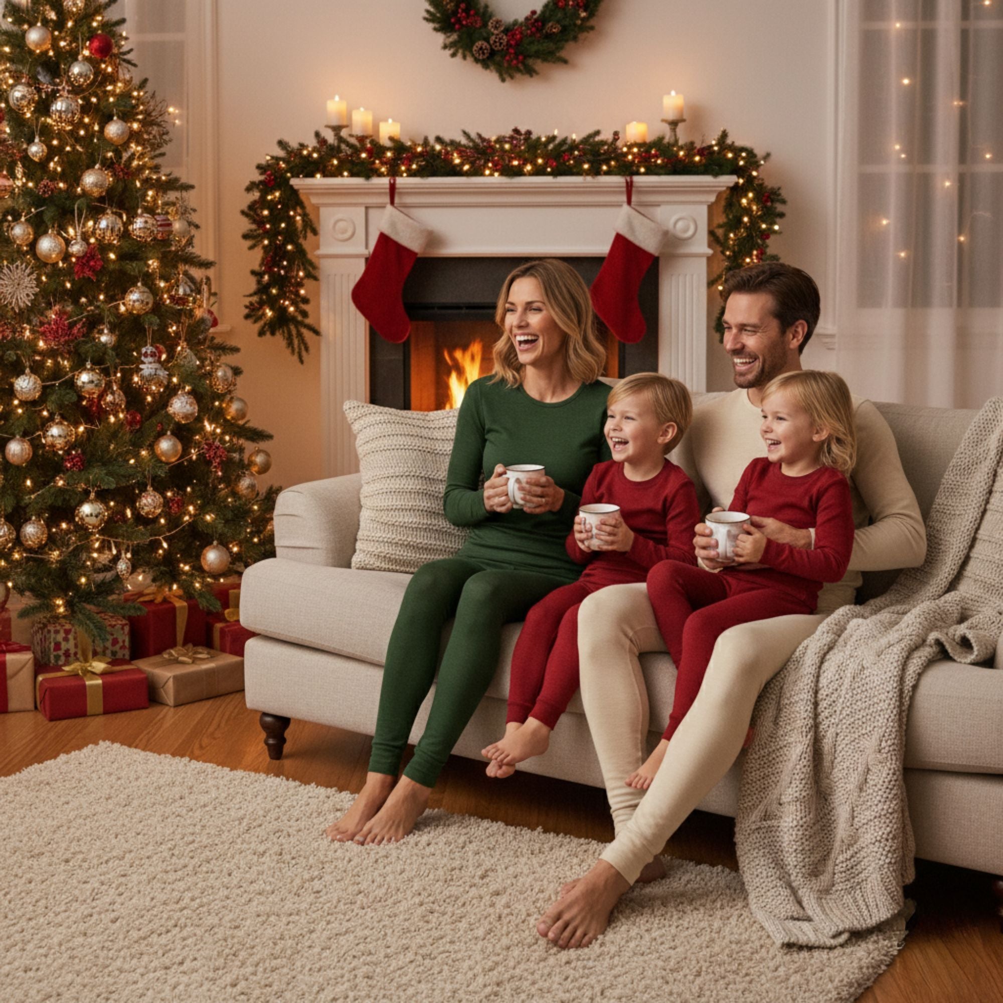 Family of four sitting on a couch in a living room decorated for Christmas.