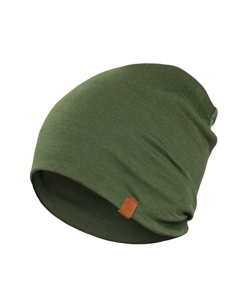 Unisex Merino Beanie in Dark Green color in a white background.