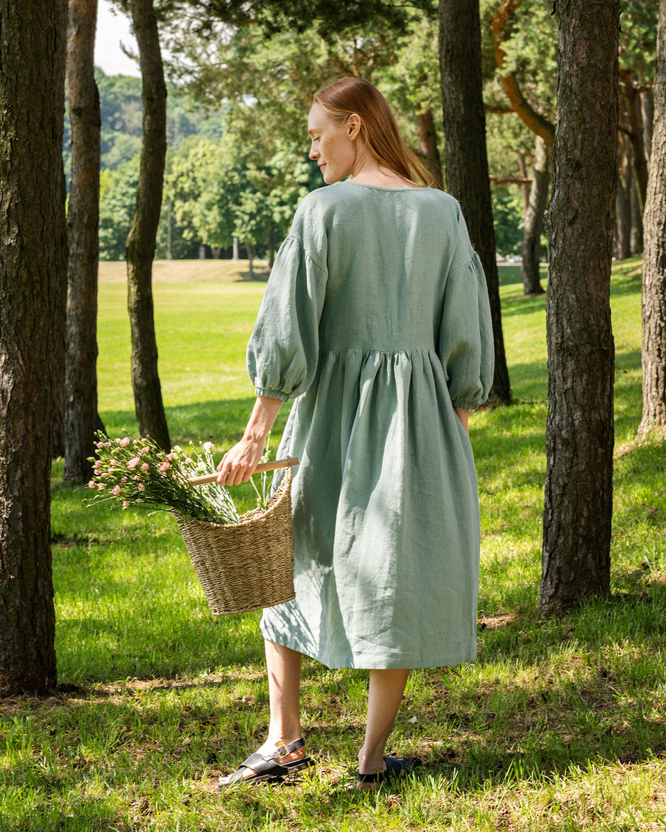 Puffed Sleeve Linen Smock Dress Beatrice menique - MENIQUE Puffed Sleeve Linen Smock Dress Beatrice menique - MENIQUE