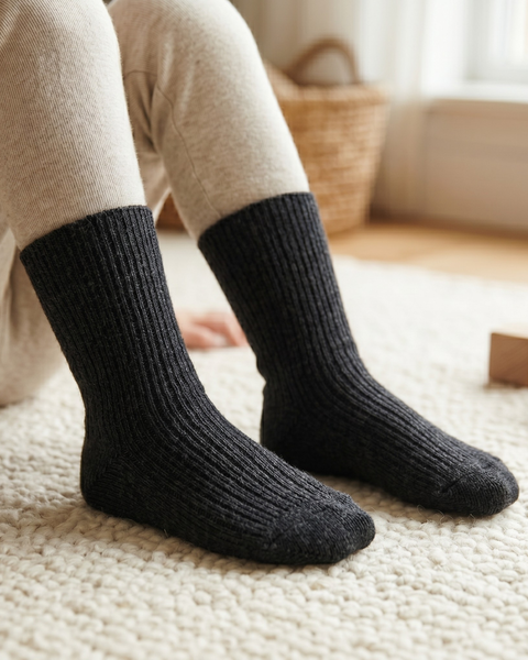 A close-up view of a child's legs sitting on a thick, textured cream-colored rug. The child is wearing light beige ribbed long johns and thick, dark charcoal gray ribbed knit socks. Wooden toy blocks are visible near their feet.