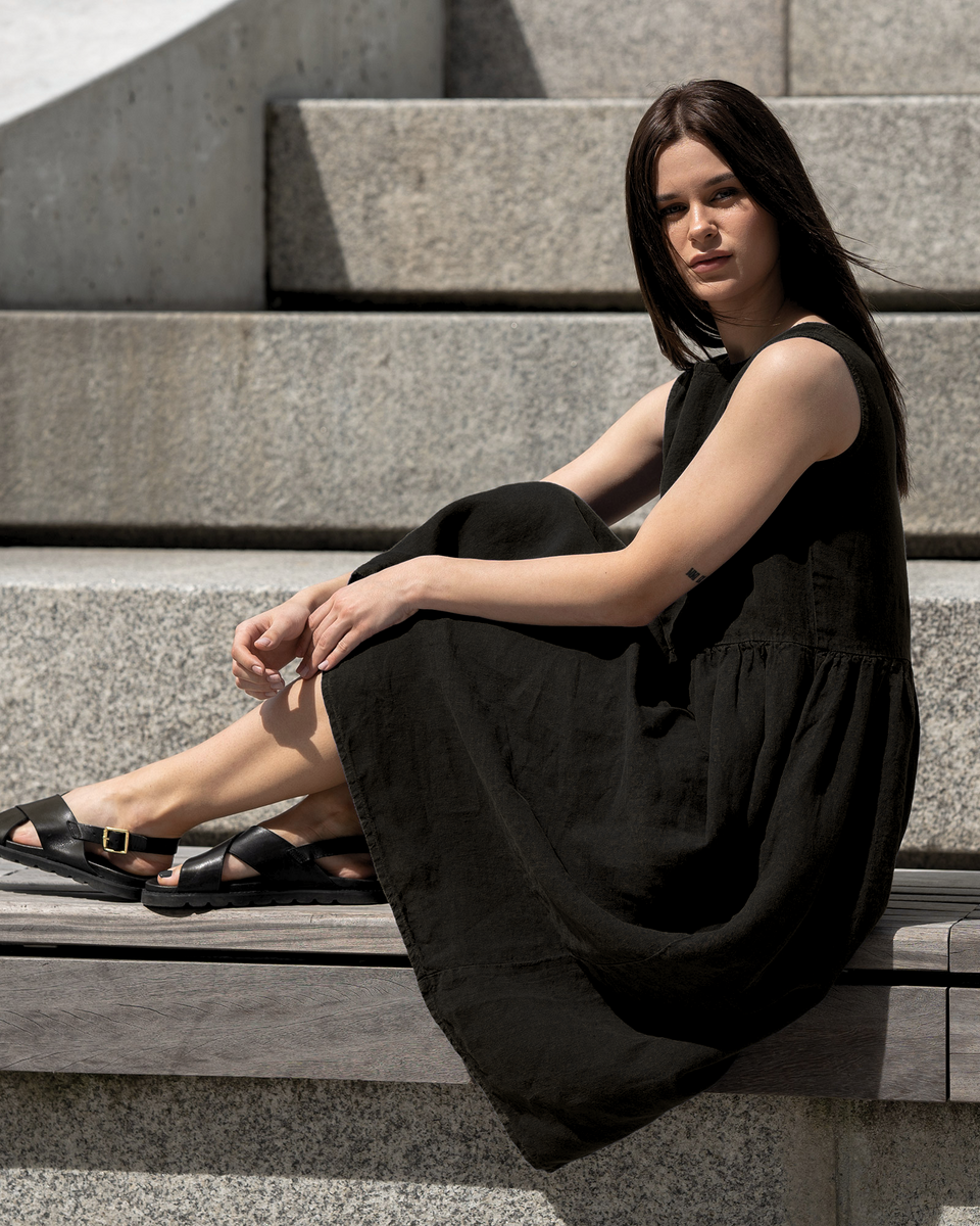 Smock Linen Midi Dress - Sleeveless, Relaxed fit, Round Neck, Natural - Pure Black - XL Smock Linen Midi Dress - Sleeveless, Relaxed fit, Round Neck, Natural - Pure Black - XL