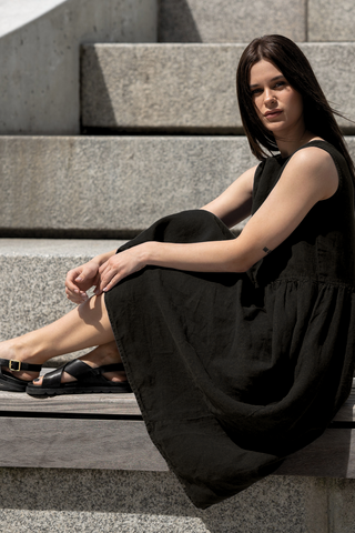 Linen Smock Dress Maya Pure Black - M / Pure Black