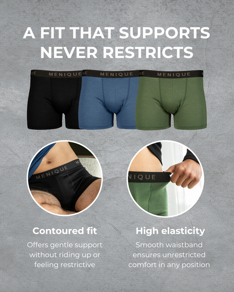 Menique men’s merino wool boxer shorts in black, blue, and green displayed with tagline ‘A fit that supports never restricts,’ highlighting contoured fit and high elasticity.