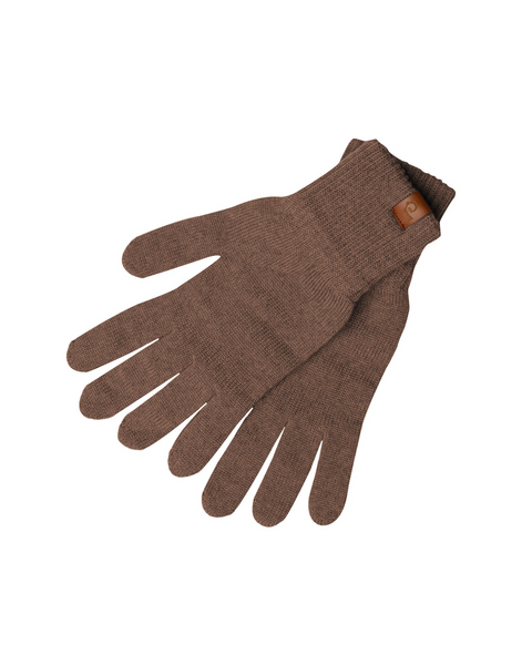 A pair of brown menique knit gloves are displayed on a white background. The gloves are shown laid flat, one slightly overlapping the other. They feature ribbed cuffs and a small brown tag is visible on the wrist of the glove on top.