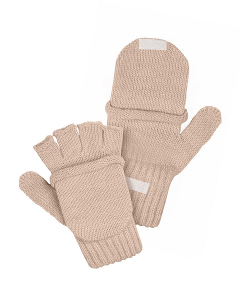 Beige merino wool fingerless mittens with fold-over flap, warm knitted gloves for winter and everyday wear
