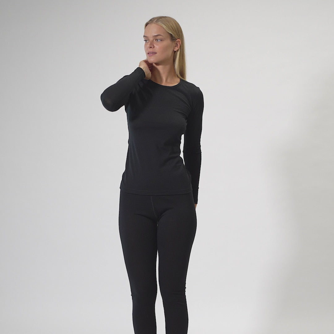 Ensemble 2 pièces manches longues et bas 160 Merino pour femme Noir 