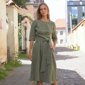 MENIQUE Linen wrap style dress with wide obi-belt for accentuated waist.