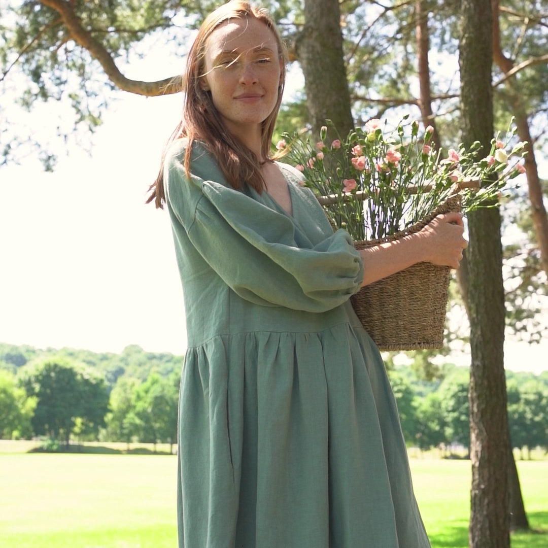 MENIQUE Linen smock dress Beatrice with puff sleeves and empire waist in beautiful Mint Green color.