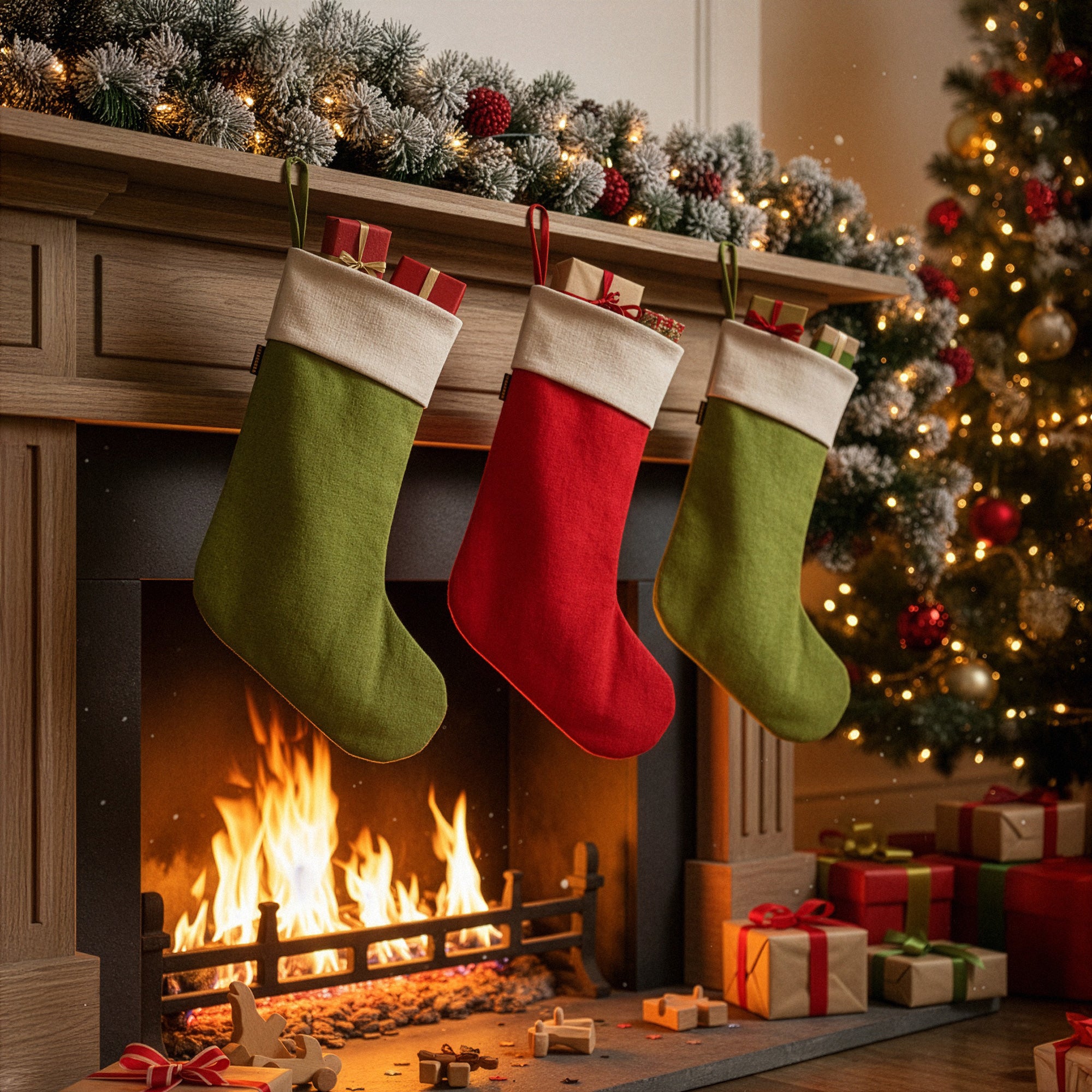 Three Christmas stockings hanging above a fireplace with a decorated tree in the background.
