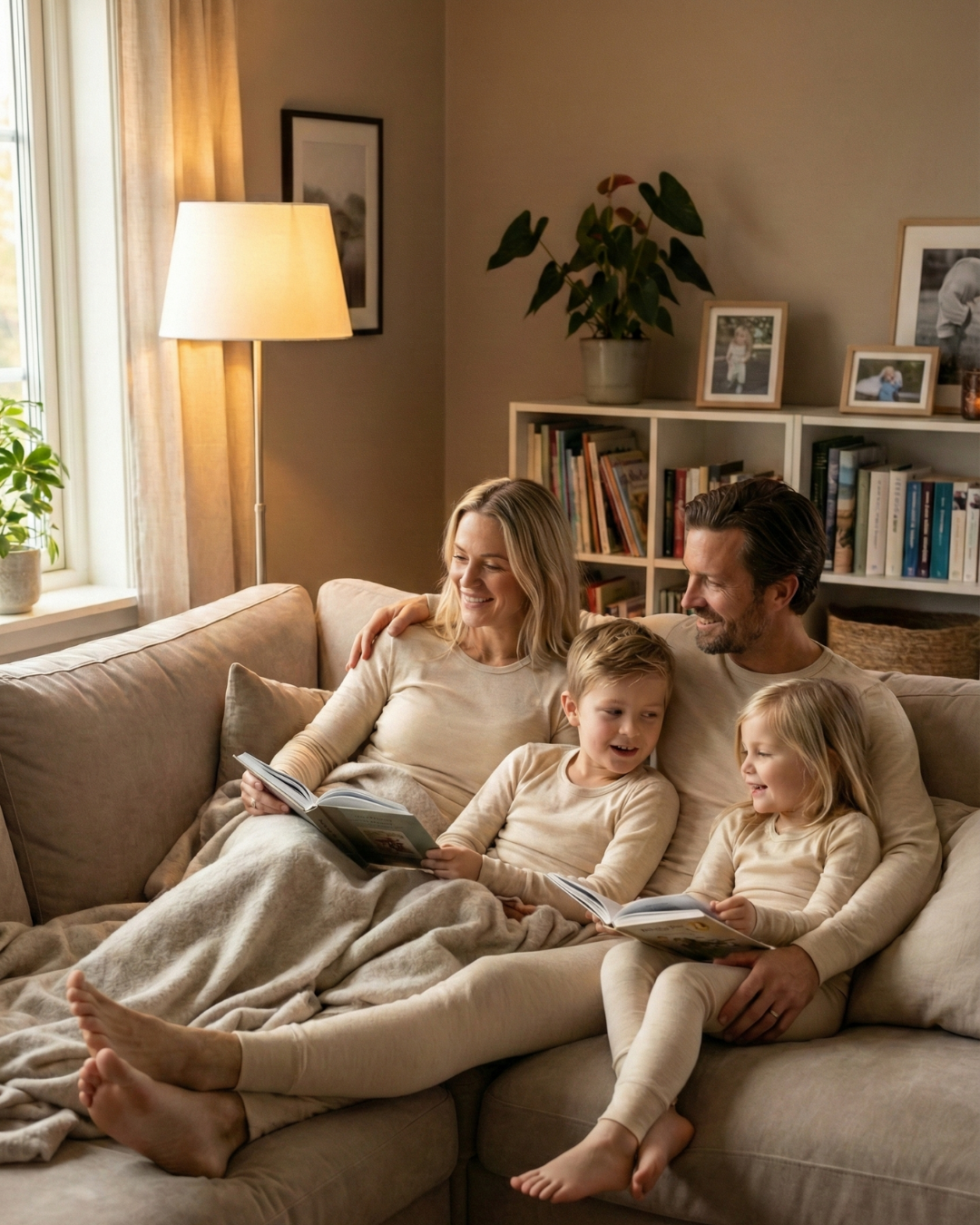 Family of four relaxing on a sofa at home, wearing light-colored merino wool sleepwear while reading together in a cozy living room.