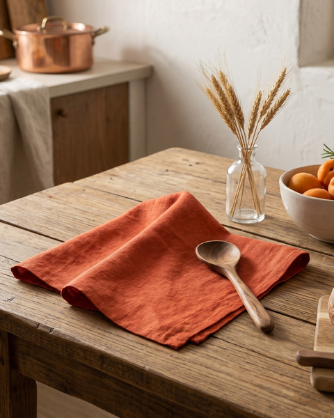 A vibrant, rust-orange linen kitchen towel neatly folded on a rustic wooden table. A wooden spoon rests gently on top of it. In the background, there is a small glass vase with dried wheat stalks, a bowl of fresh apricots, and a crusty loaf of bread on a cutting board. The kitchen has warm, natural lighting.