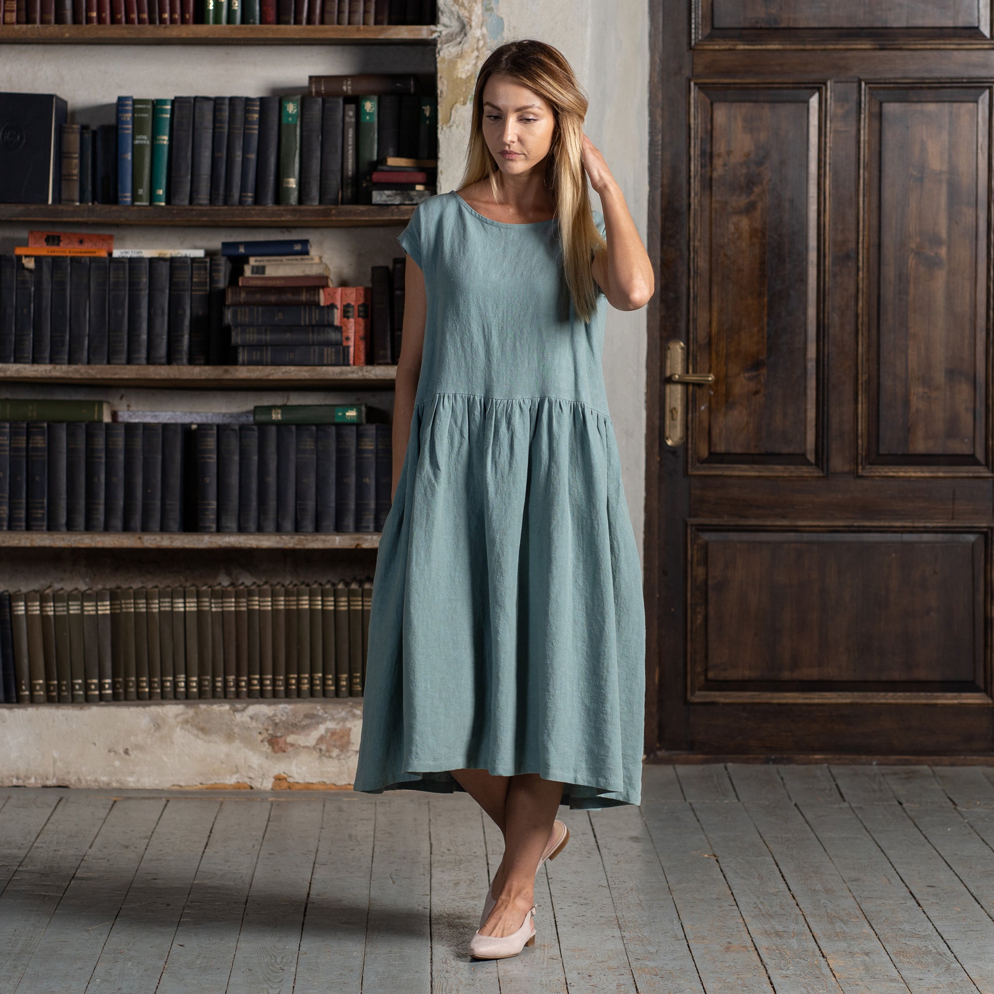 Hypoallergenic Smock Linen Dress Cecilia Mint Green ❤️ menique