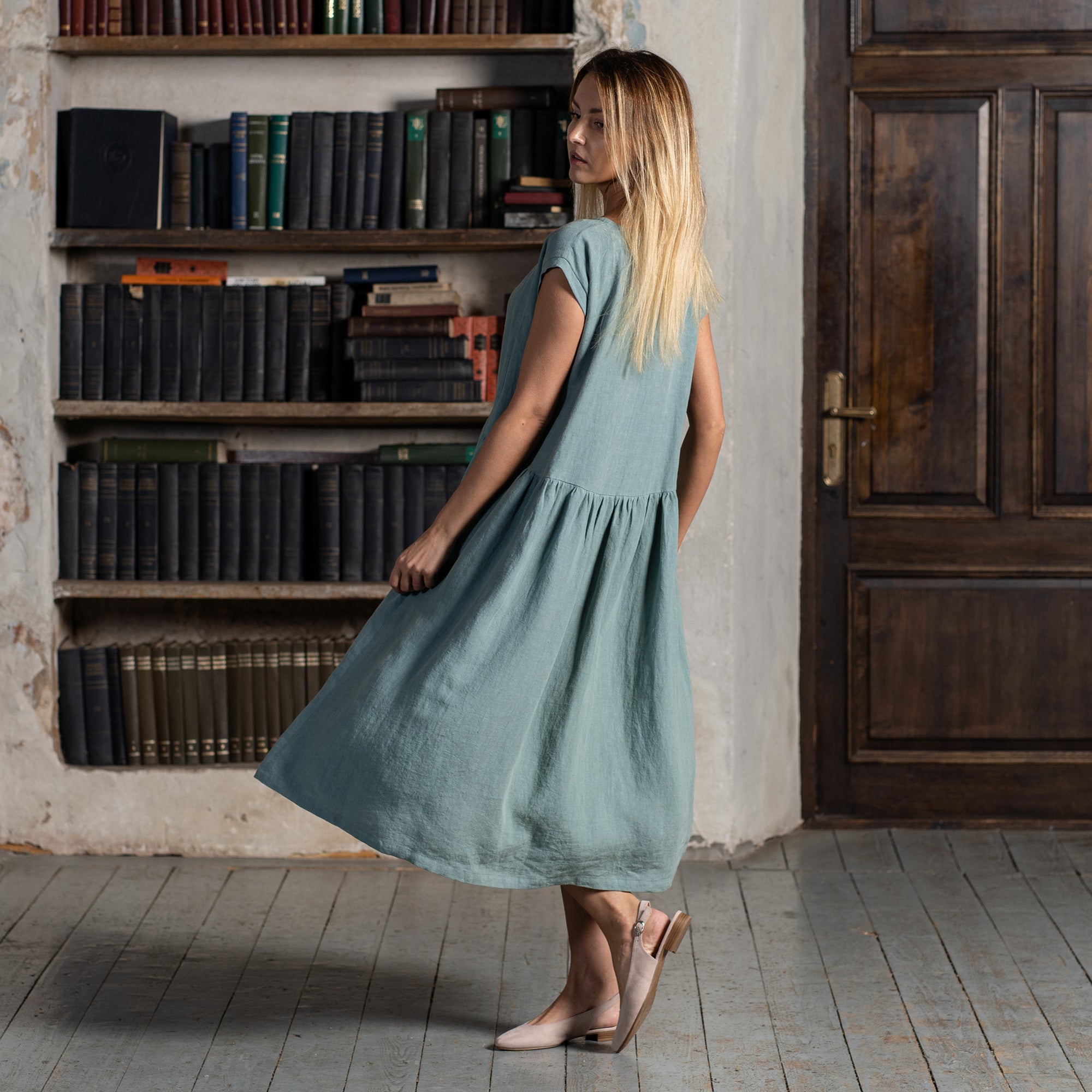 Linen Smock Dress Cecilia Mint Green