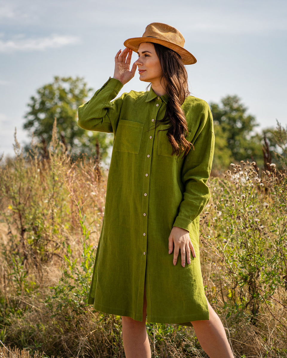 Linen Oversize Shirt Dress Margo Forest Green Linen Oversize Shirt Dress Margo Forest Green