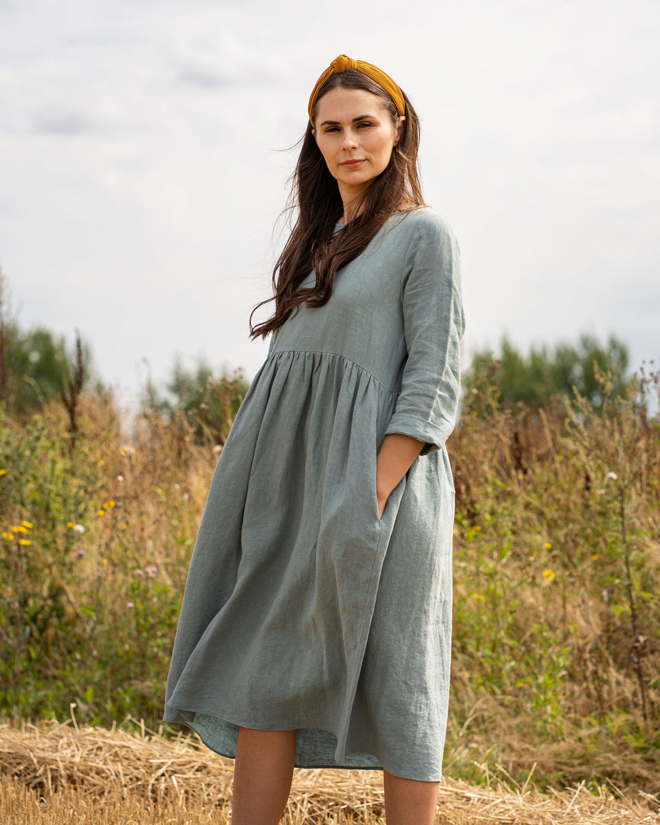 100% Linen Dress - 3/4 Sleeves Relaxed Fit Dress - Perfect for Summer - Mint Green - Menique 100% Linen Dress - 3/4 Sleeves Relaxed Fit Dress - Perfect for Summer - Mint Green - Menique