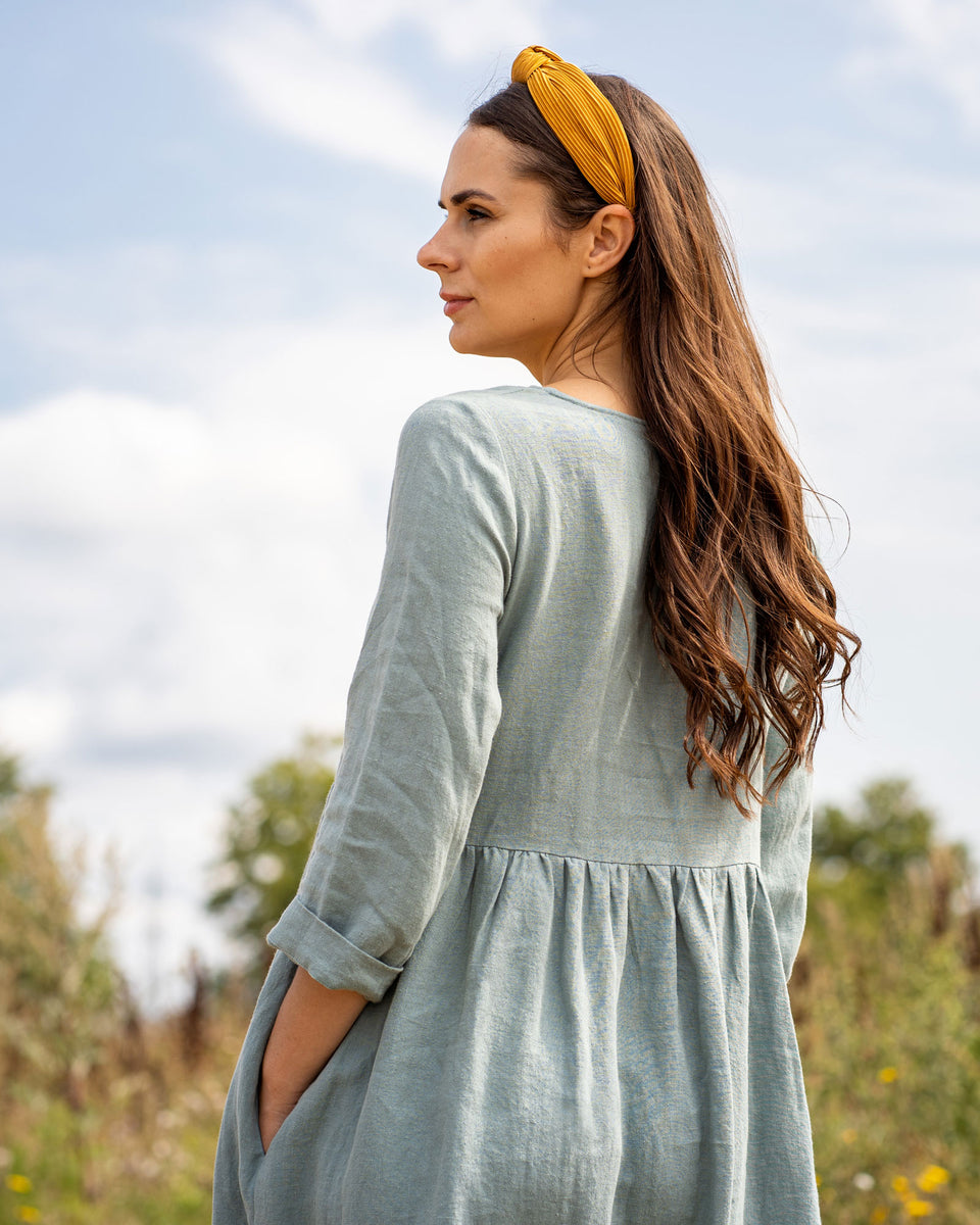 100% Linen Dress - 3/4 Sleeves Relaxed Fit Dress - Perfect for Summer - Mint Green - Menique 100% Linen Dress - 3/4 Sleeves Relaxed Fit Dress - Perfect for Summer - Mint Green - Menique