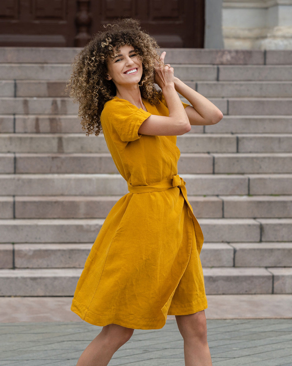 Natural Linen Wrap Dress - Midi, Cocktail, Summer, Wedding guest - Spicy Yellow - XL Natural Linen Wrap Dress - Midi, Cocktail, Summer, Wedding guest - Spicy Yellow - XL