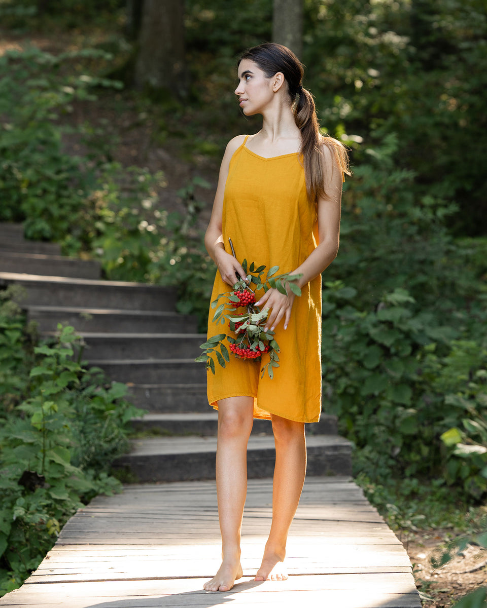 Casual 100% Linen Strap Dress - Relaxed fit, Sleeveless, Everyday, Sleeping, Midi - Spicy Yellow