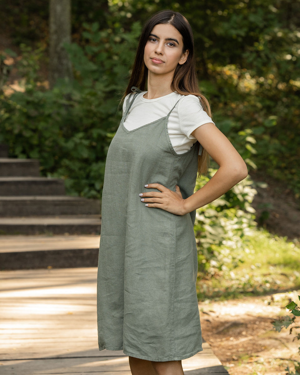 Casual 100% Linen Strap Dress - Relaxed fit, Sleeveless, Everyday, Sleeping, Midi - Stone Green - S Casual 100% Linen Strap Dress - Relaxed fit, Sleeveless, Everyday, Sleeping, Midi - Stone Green - S