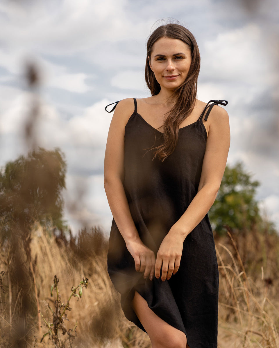 Casual 100% Linen Strap Dress - Relaxed Fit, Sleeveless, Everyday, Sleeping, Midi - Pure Black - S Casual 100% Linen Strap Dress - Relaxed Fit, Sleeveless, Everyday, Sleeping, Midi - Pure Black - S
