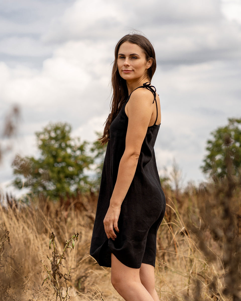 Casual 100% Linen Strap Dress - Relaxed fit, Sleeveless, Everyday, Sleeping, Midi - Pure Black - S Casual 100% Linen Strap Dress - Relaxed fit, Sleeveless, Everyday, Sleeping, Midi - Pure Black - S