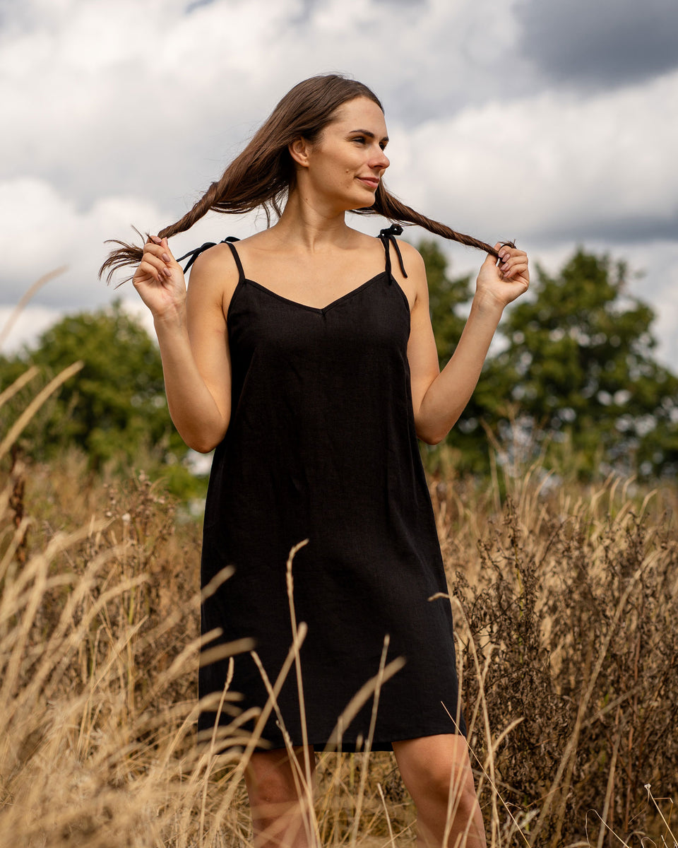 Casual 100% Linen Strap Dress - Relaxed fit, Sleeveless, Everyday, Sleeping, Midi - Pure Black - S Casual 100% Linen Strap Dress - Relaxed fit, Sleeveless, Everyday, Sleeping, Midi - Pure Black - S
