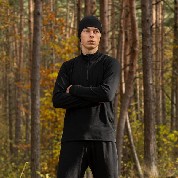 Men's Merino Wool Zip Neck Base Layer in Black ❤️ menique - MENIQUE