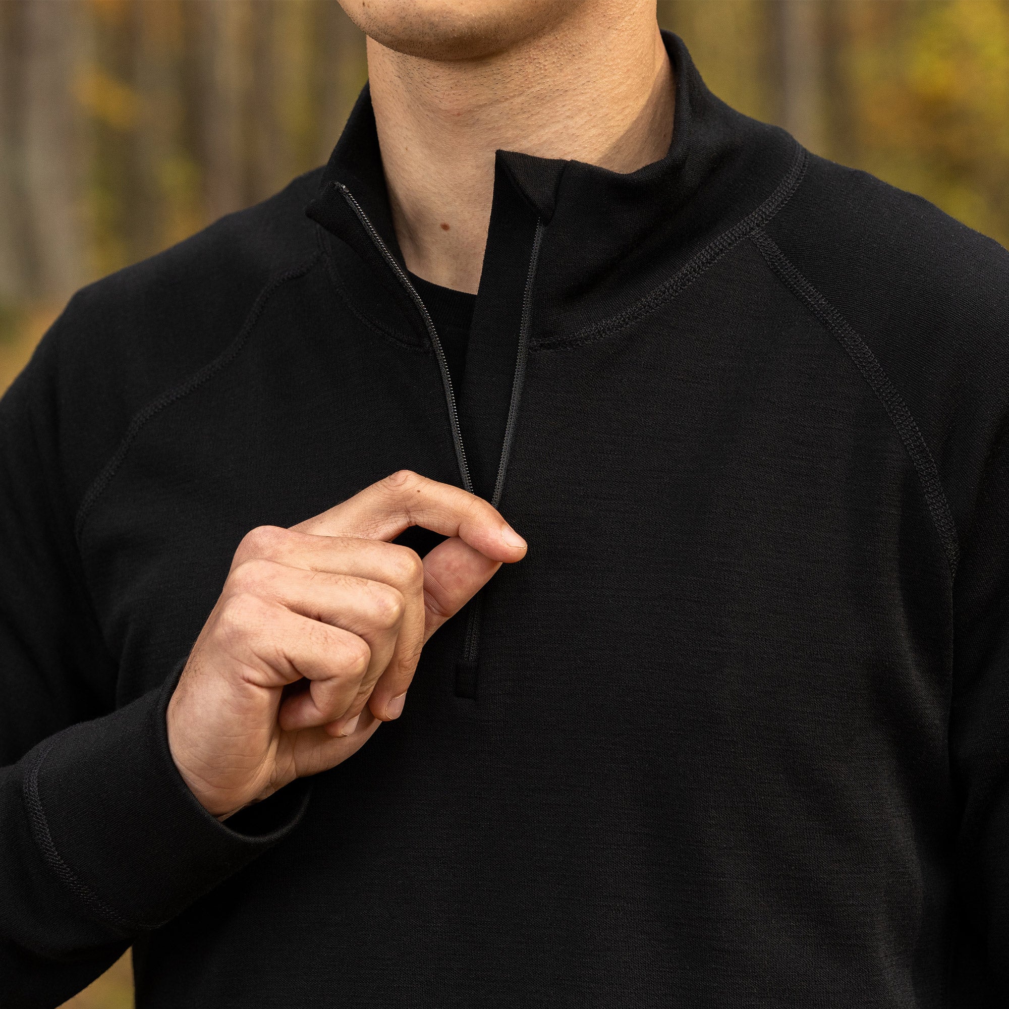 Men's Merino Wool Zip Neck Base Layer in Black ❤️ menique - MENIQUE