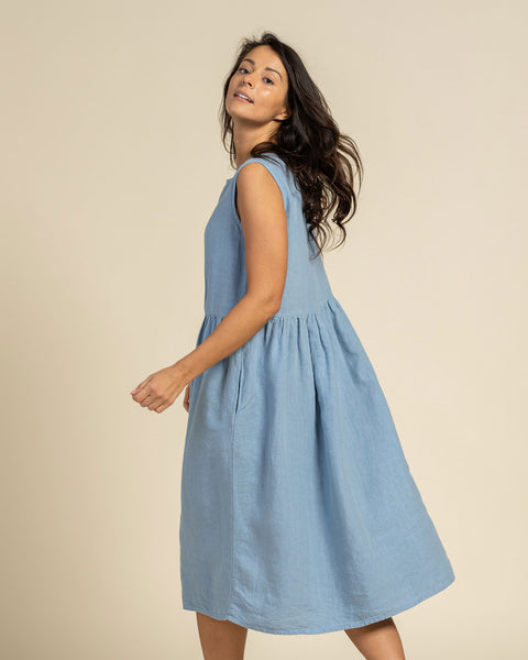 Linen Sleeveless Smock Dress Maya Cloudy Blue