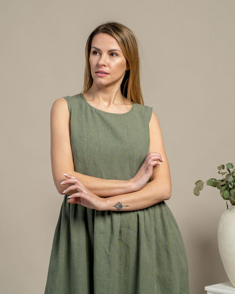 Linen Sleeveless Smock Dress Maya Stone Green