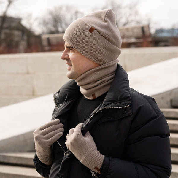 Bonnet en tricot d'hiver Bonnet cache-cou et gants en laine Ensemble de 3  pièces 100% laine mérinos Tricot Accessoires Pack pour homme Beige crémeux  -  France