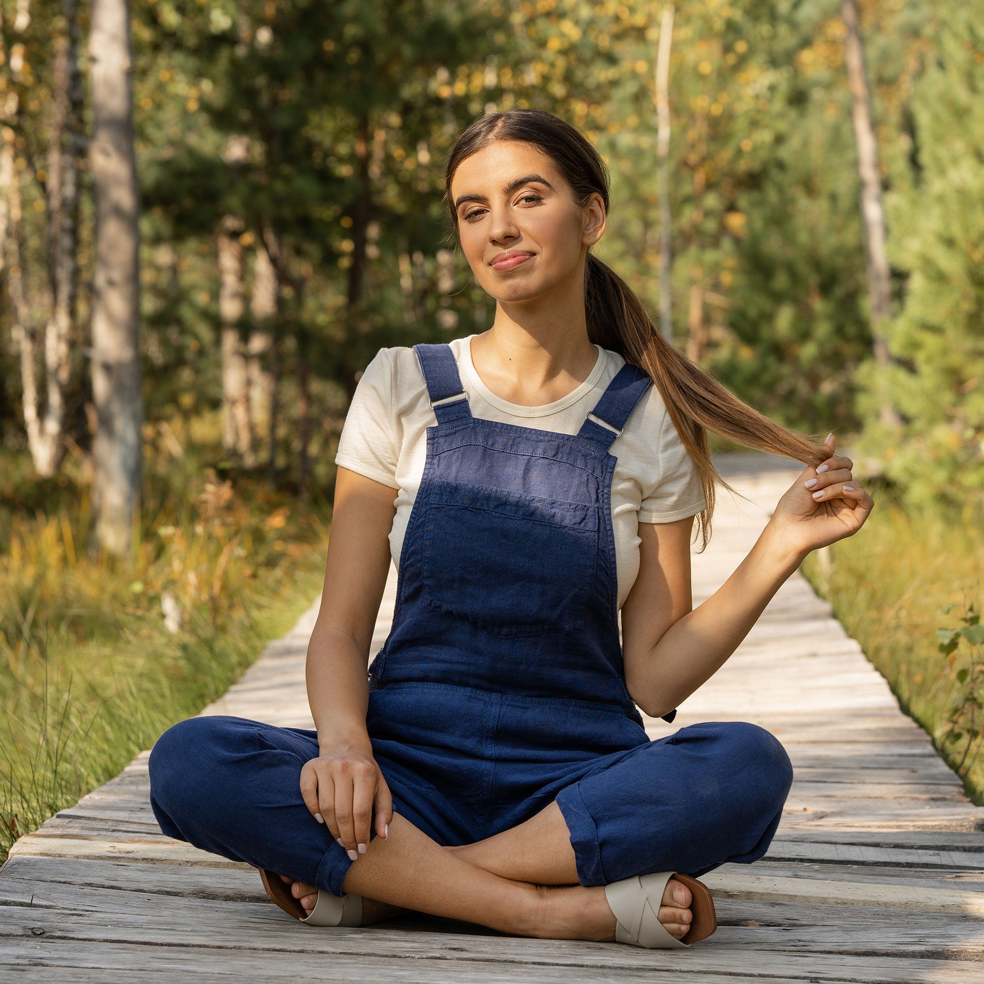 Linen Pinafore Jumpsuit Nicci Storm Blue