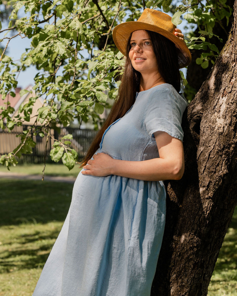 Short Sleeve Button Front Smock Dress, Ideal for Expecting Mothers - Cloudy Blue - S | menique Short Sleeve Button Front Smock Dress, Ideal for Expecting Mothers - Cloudy Blue - S | menique