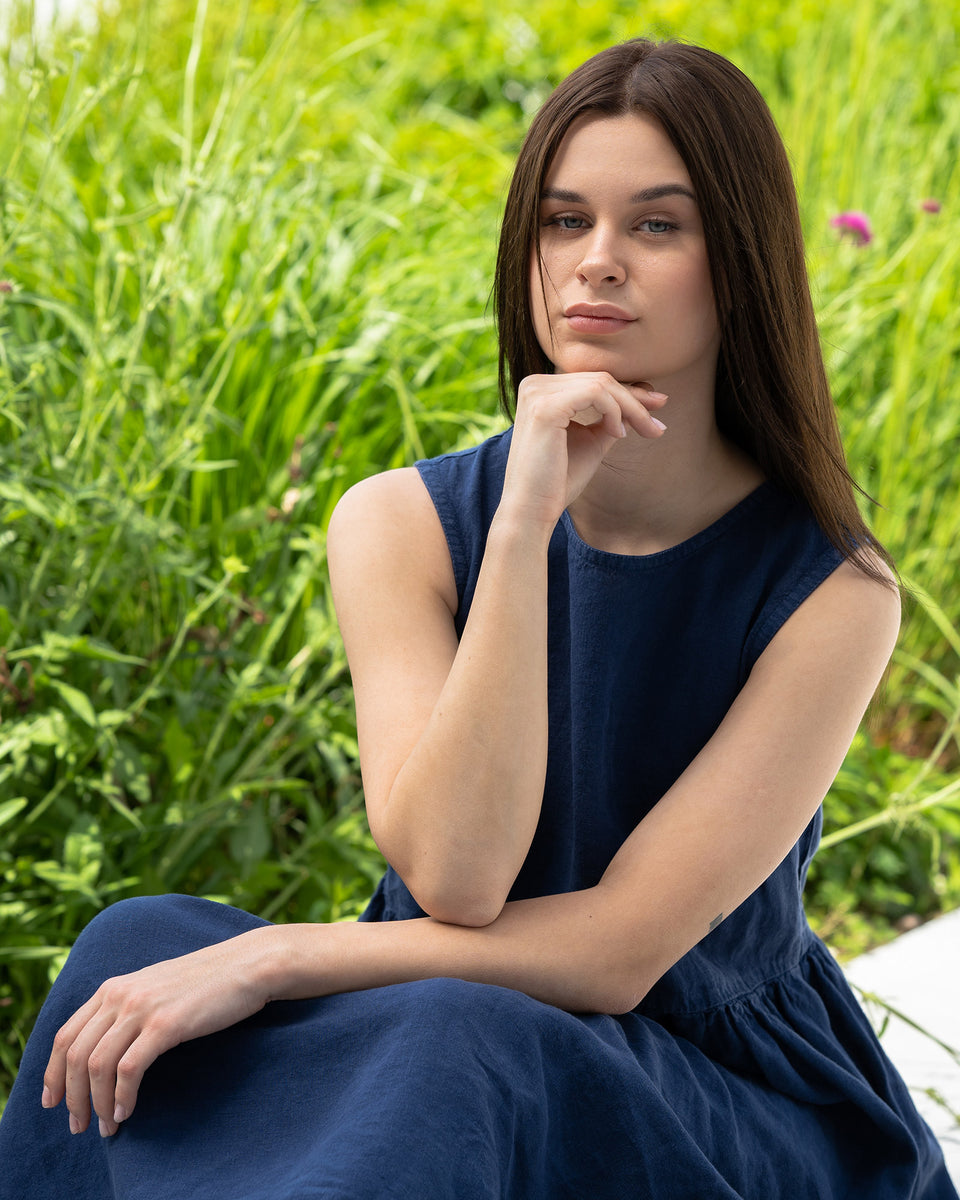 Smock Linen Midi Dress - Sleeveless, Relaxed Fit, Round Neck, Natural - Storm Blue - XL Smock Linen Midi Dress - Sleeveless, Relaxed Fit, Round Neck, Natural - Storm Blue - XL